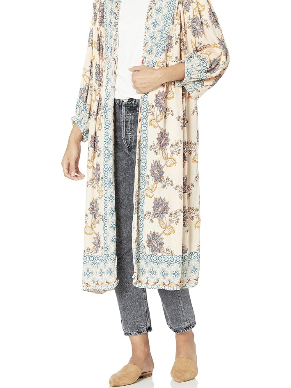 Angie Cream Boho Floral Duster Cardigan with Blue Accents